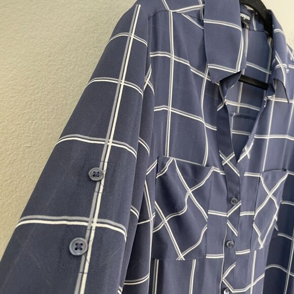 Express Womens Large Blue White Plaid Button Up Roll Tab Sleeve Shirt Blouse - Picture 6 of 8